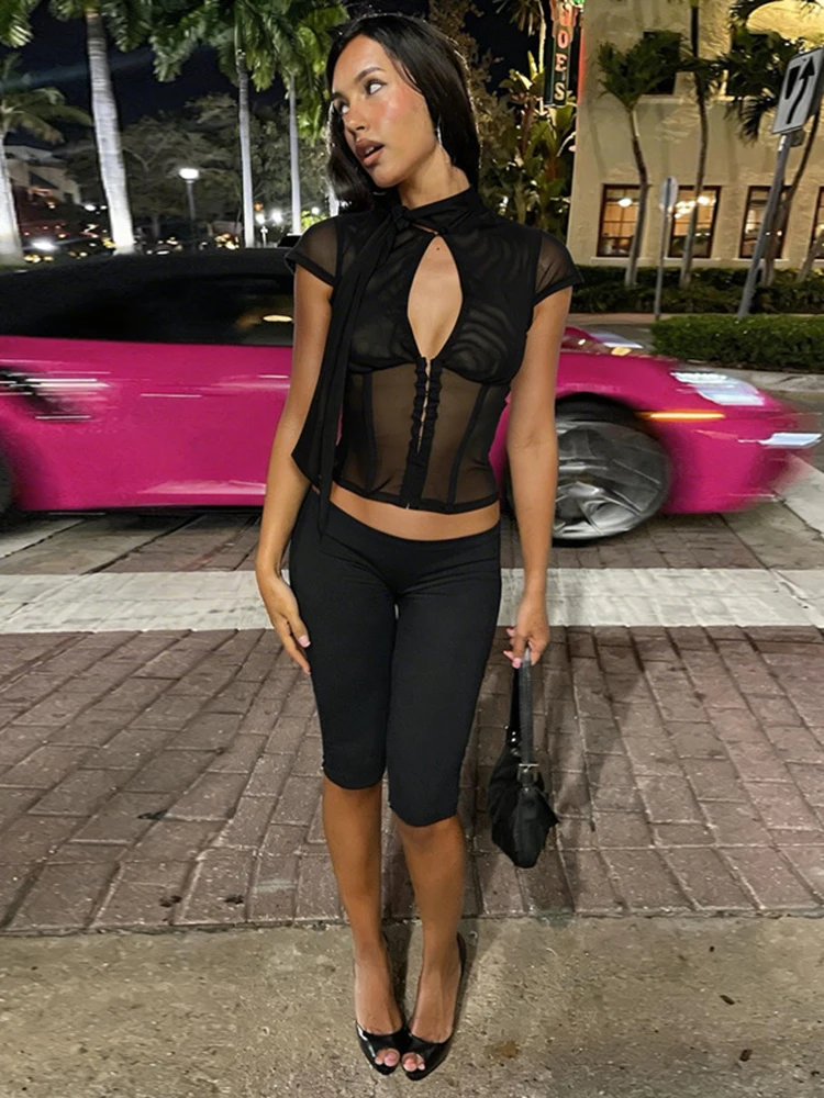 Kliou Mesh Patchwork T-Shirts Woman Single-Breasted Hollow Stand Collar Design Mini Sleeve Hot Girls High Street Wild Style Tees