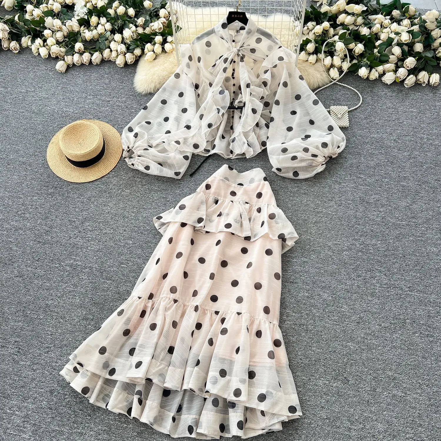 

Two Piece Sets Women Skirt Set Lantern Sleeve Print Dot Tops Ruffles Y2k Streetwear Elegant Long Fishtail Skirts High Waist