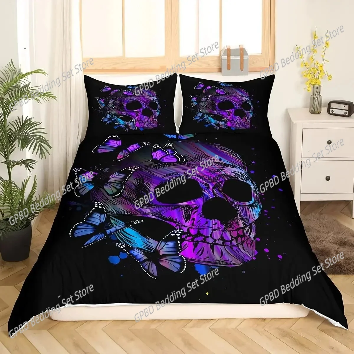 

Skull Duvet Cover Golden Crown Bedding Set,3D Printed Halloween Skull with Two Beauty Quilt Cover Set,Crown Comforter Cover