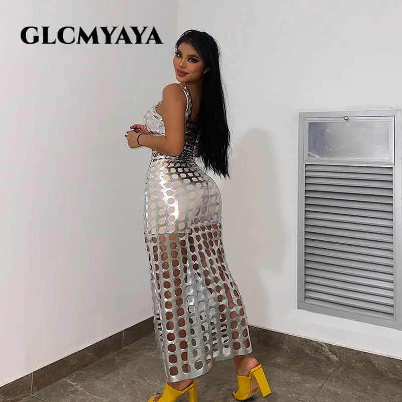 GLCMYAYA Faux Leather Women Cutout Hollow Out Sleeveless Bodycon Midi Dress Maxi 2023 Chic Party Club Even Prom Dresses Vestidos