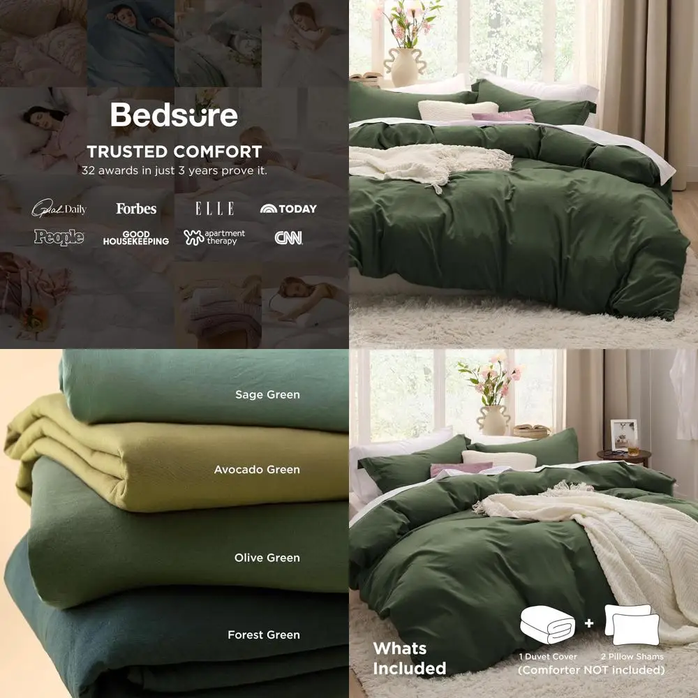 

Комплект постельного белья King Size цвета оливковый зеленый - 3 предмета, полиэстер с эффектом хлопка, на молнии, с 2 наволочками