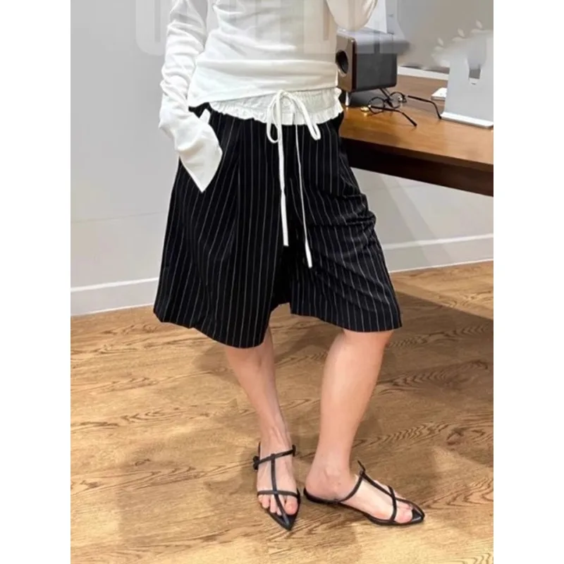 Vintage High Waist Ruffled Lace-up Loose Casual Pants Women 2025 Summer New Streetwear Contrast Color Striped Wide Leg Shorts