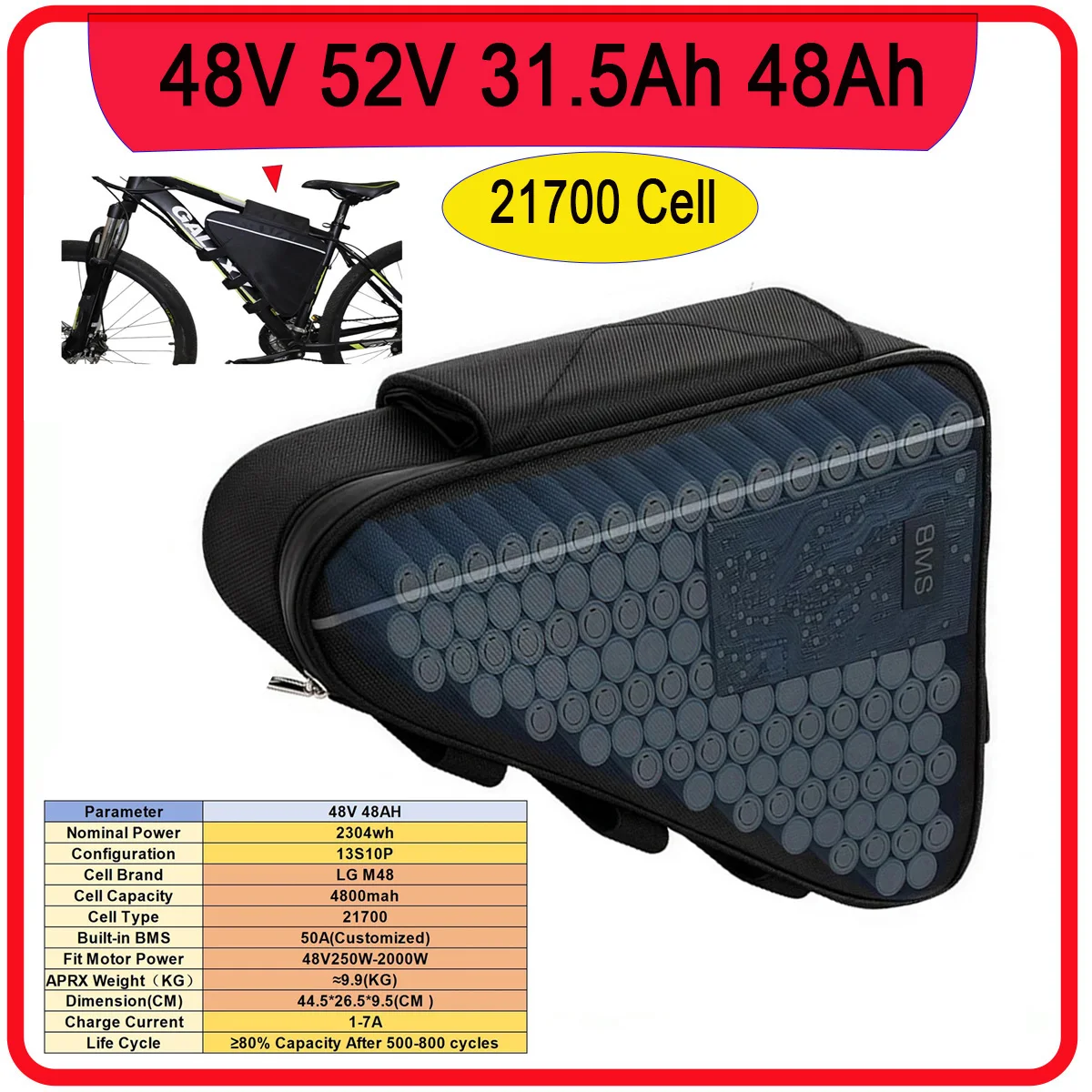 New 48V Triangle Huge Capacity 30AH48AH High Quality Pack Built in 50A BMS For 250W-3000W SuperPowerful 21700 Batteries+Charger