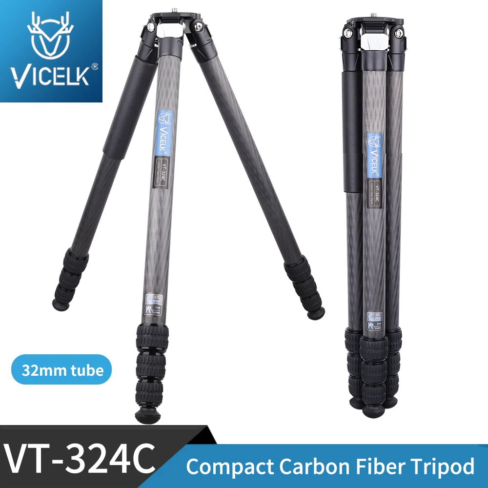 VICELK 컴팩트 탄소 섬유 삼각대, DSLR 카메라용 헤비 듀티 카메라, 여행용 삼각대, VT-324C, 158cm, 32mm 튜브, 최대 하중 25kg 