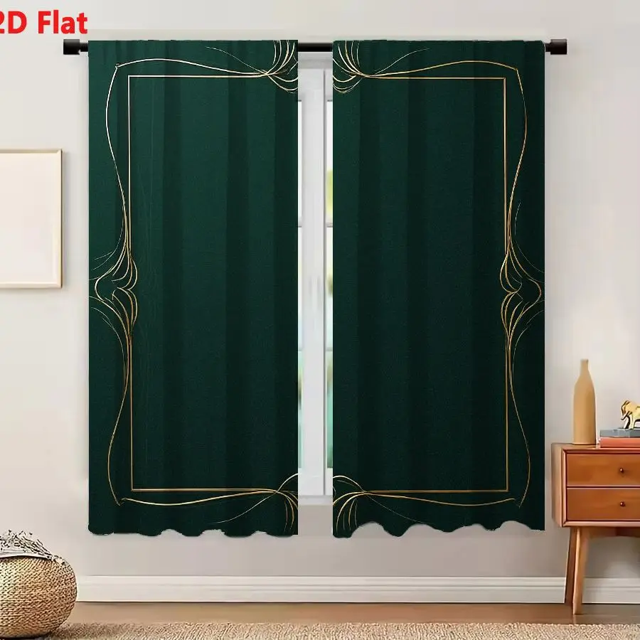 2Pcs Curtains Add 2D Flat Elegant Art Nouveau Gold Frame With Ornate Corners On Emerald Green Background Window Drapes for Bedro