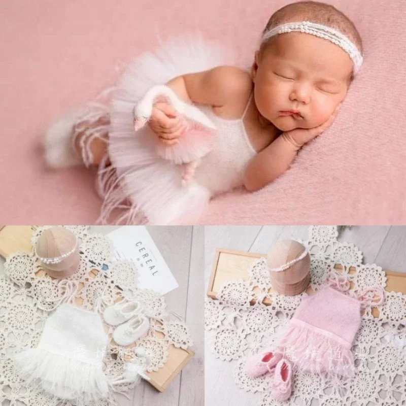Newborn Photography Props Baby Girls Feather Dress Headband Socks Swan Doll  Studio Shooting Photo Props