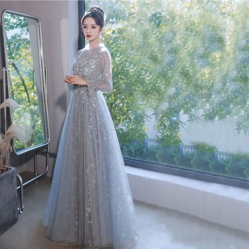 Luxury Grey Evening Dress Female 2024banquet Fairy Temperament Dress Bridesmaid Dress Long Sleeve Party Annual Party Gown