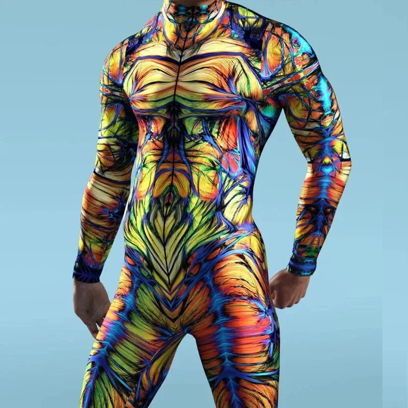 2025年新作 3Dプリント ホリデーパーティー メンズ コスプレコスチューム 伸縮性ボディスーツ ロンパース キッズ サイバーパンク レインボー ジャンプスーツ ウェア ワンピース ハル