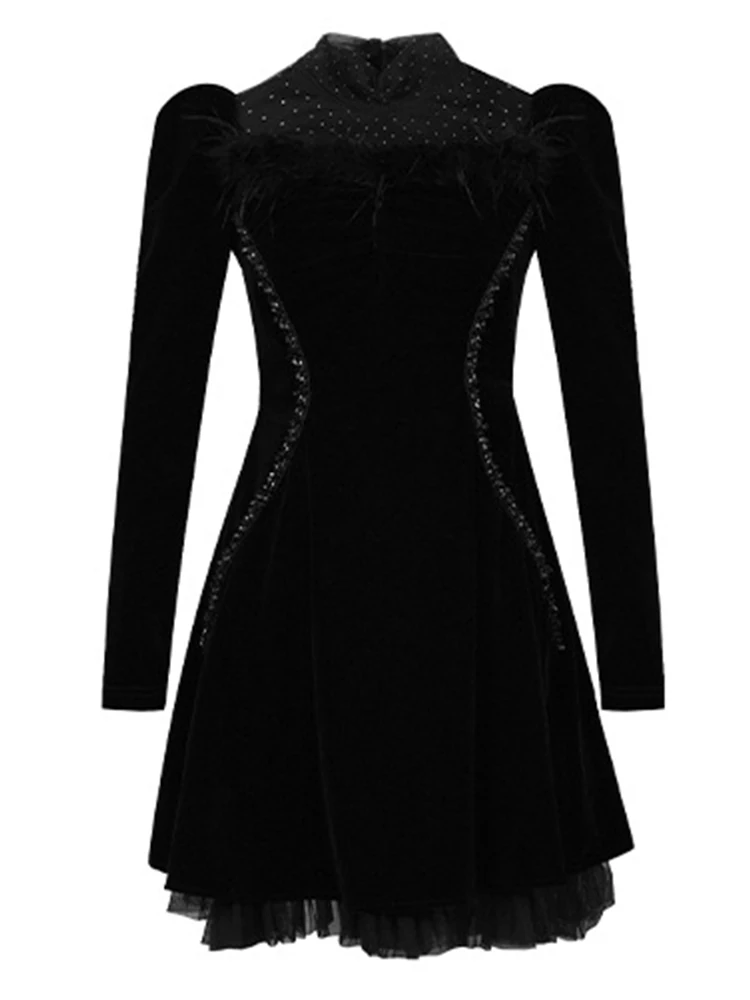 Damska Francuska Czarna Puszysta Sukienka na Imprezę Elegancka Słodka Przezroczysta Sukienka Balowa z Siateczki i Cyrkoniami Retro Wieczorowa Vestido