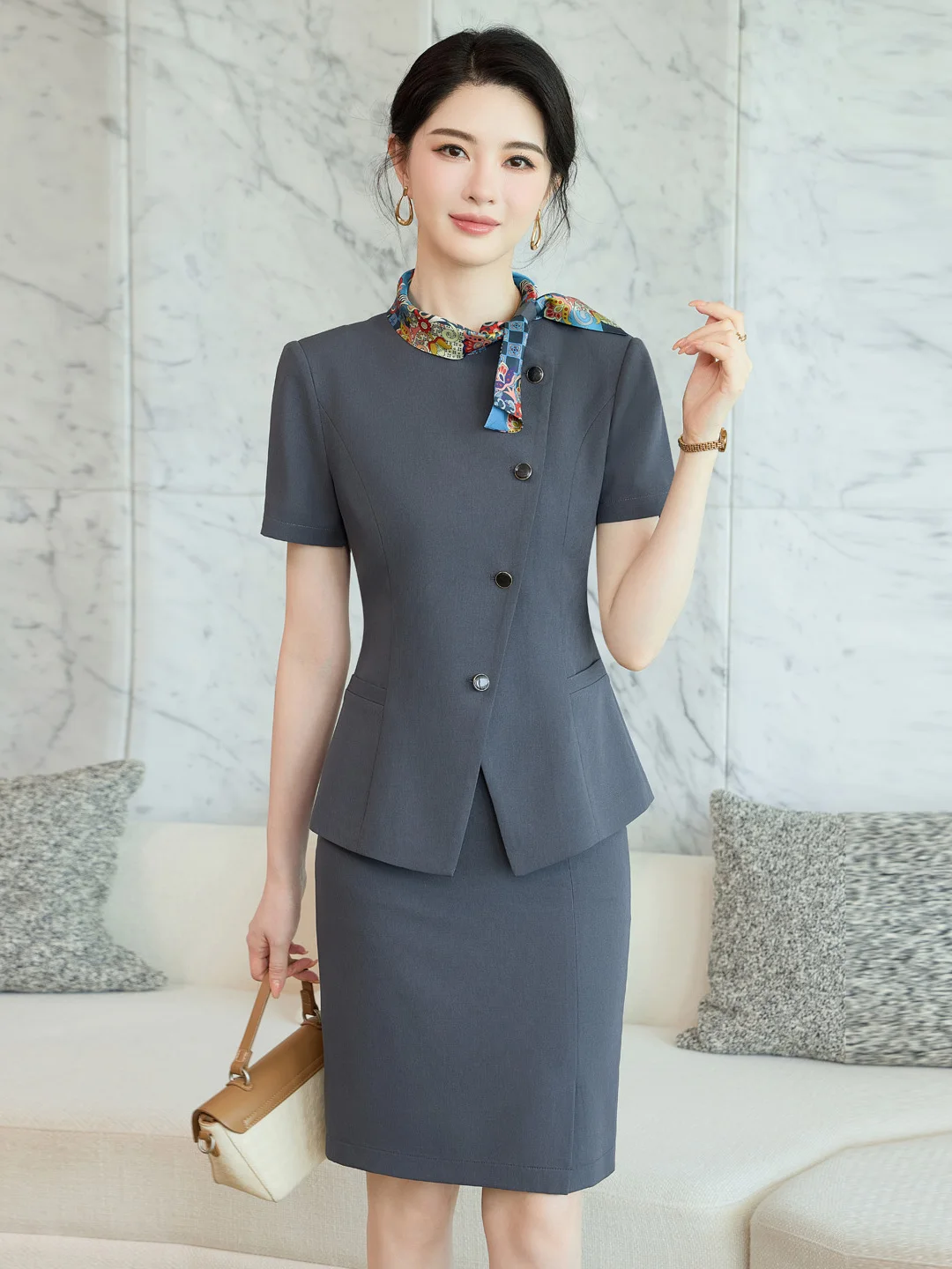 

Professional Beauty Salon Technician Women's Uniform Set High End Hotel Jewelry Store Workwear Stylish Short Sleeve Suit