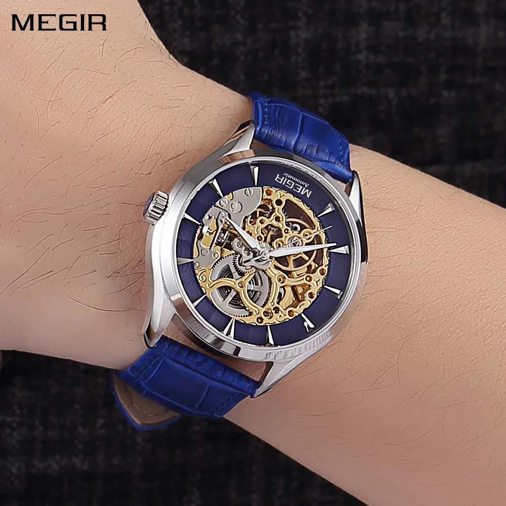 MEGIR Men's Watches Hollow Out Mechanical Watch Automatic Waterproof Wristwatch Leather Strap Business Cusual Clock Reloj Hombre