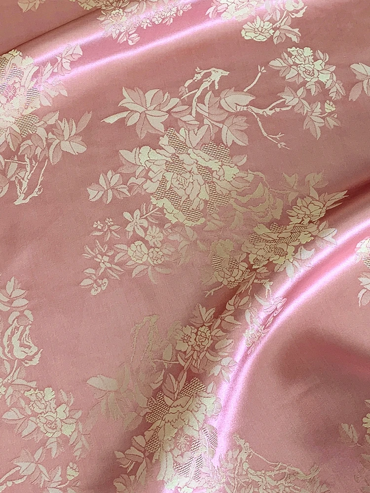 Silk Fabric Jacquard Mulberry By The Meter for Cheongsam Dresses Sewing Flowers Soft Drape Silky Thin Summer Cloth Chinese Style