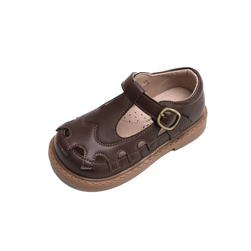 Sandalias Retro de cuero para niña, zapatos de princesa de suela suave, lisos y ahuecados, talla 23 a 32, Primavera