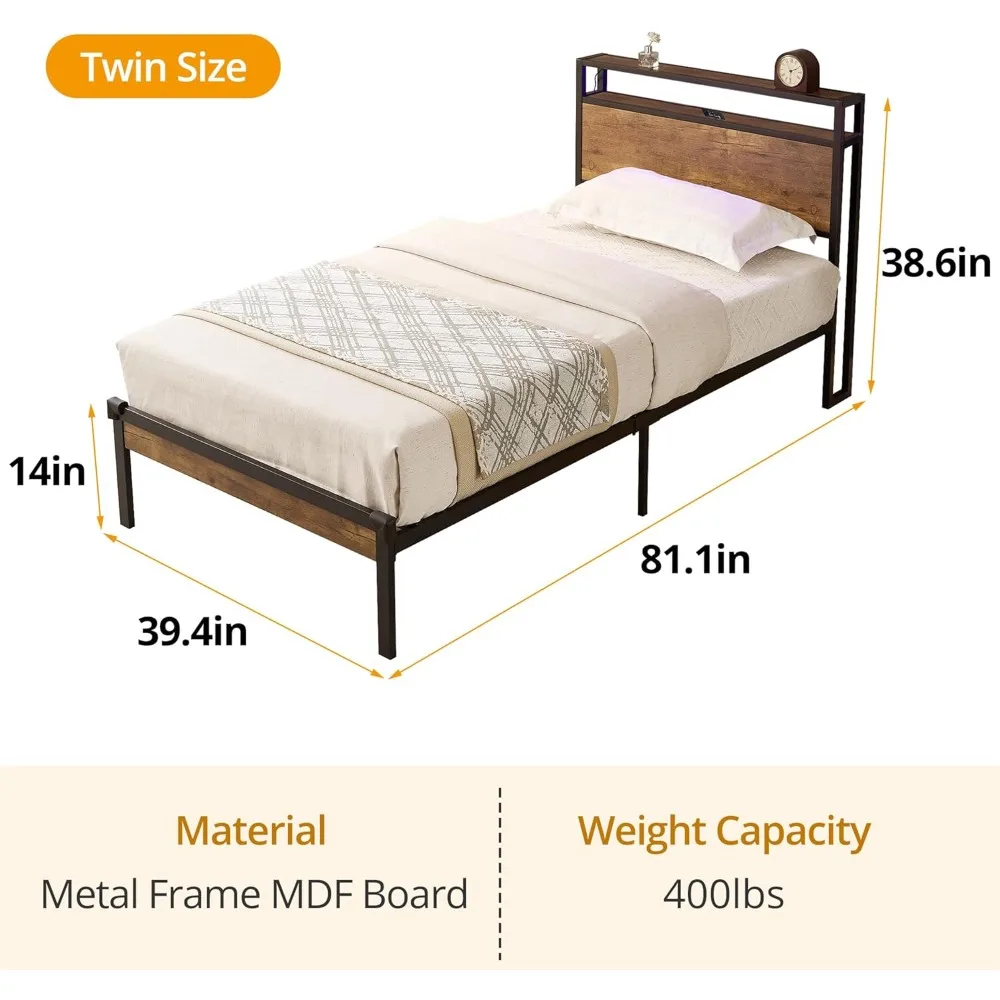 سرير بمنصة مزدوجة الحجم، إطار سرير معدني حديث مع لوح رأسي، USB، أضواء LED ومساحة تخزين تحت السرير، سرير معدني فردي Fra #2