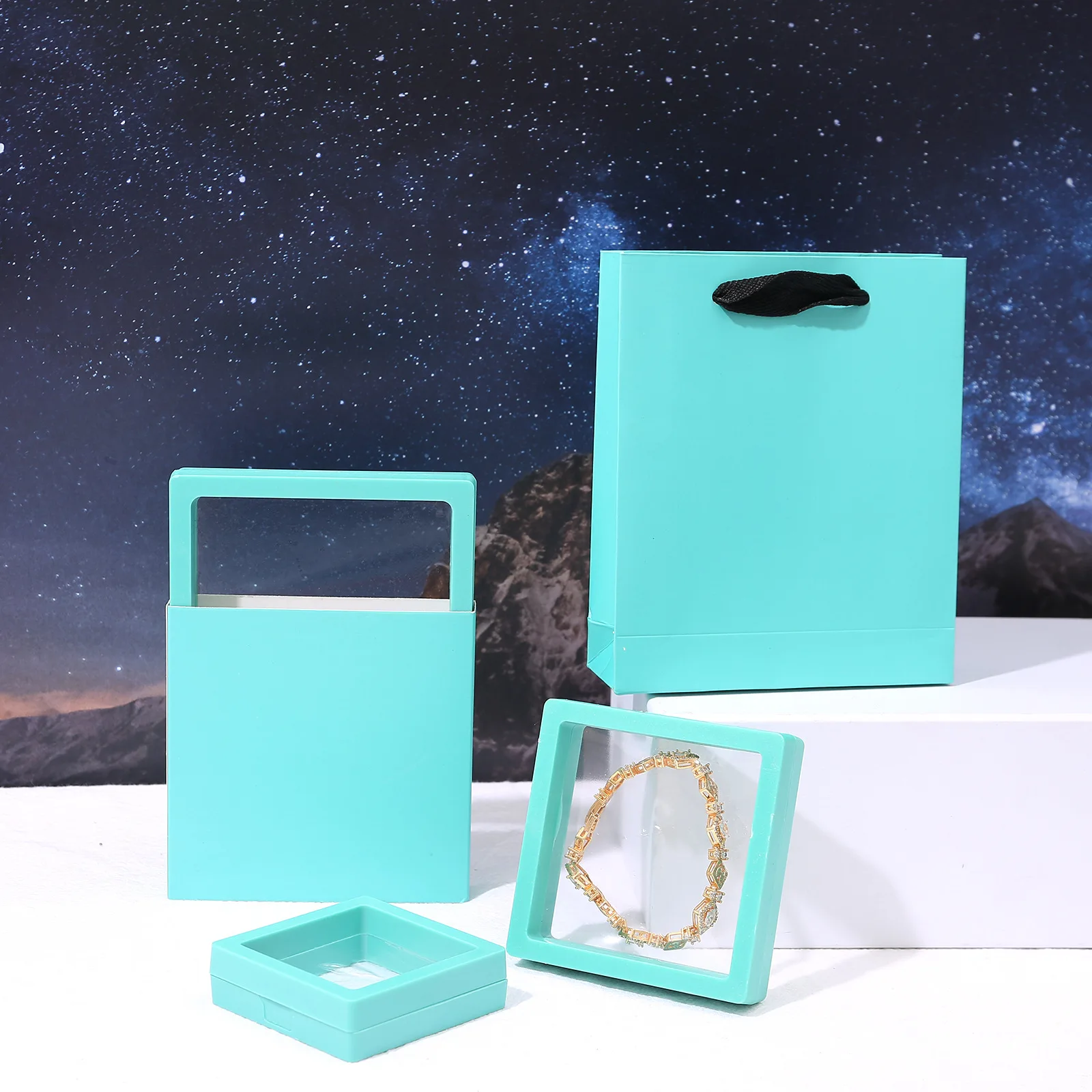 Suspended Box Pe Film and Outer Box and Gift Bag Set Jewelry Holder Ring Bracelet Jewelry Storage Case Set Gift Packaging