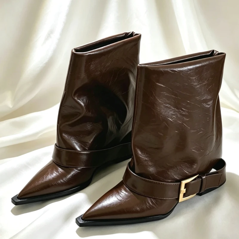 Fashion Patent Leather Metal Buckle Detail Ankle Boots Women Sexy Pointed Toe Design Modern Boots Winter Stiletto Boots Ladies