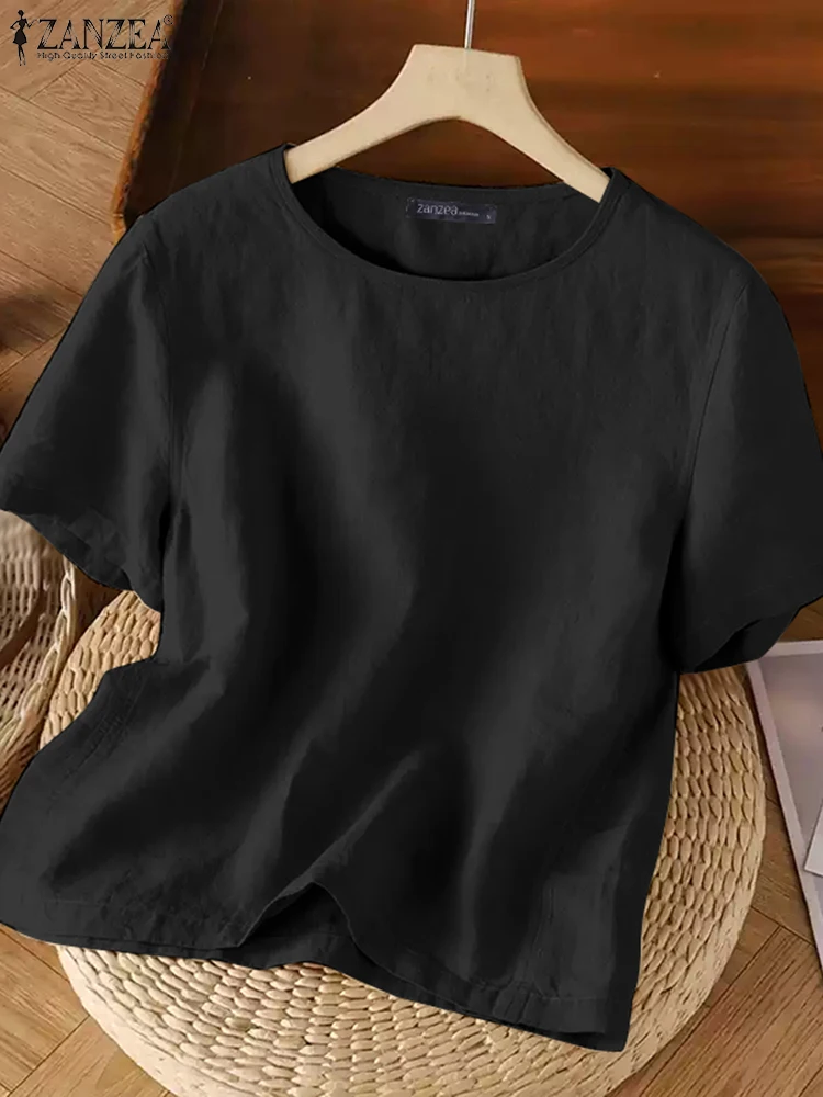 ZANZEA รอบคอผ้าฝ้ายลินิน Basic เสื้อยืดสีทึบแขนสั้นสวมใส่ 2025 ฤดูร้อนเสื้อลําลองสตรี Blusas Mujer