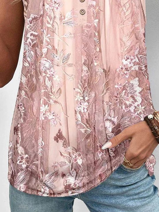 Tops de talla grande para mujer, sin mangas, cuello redondo, estampado Floral, botón gráfico