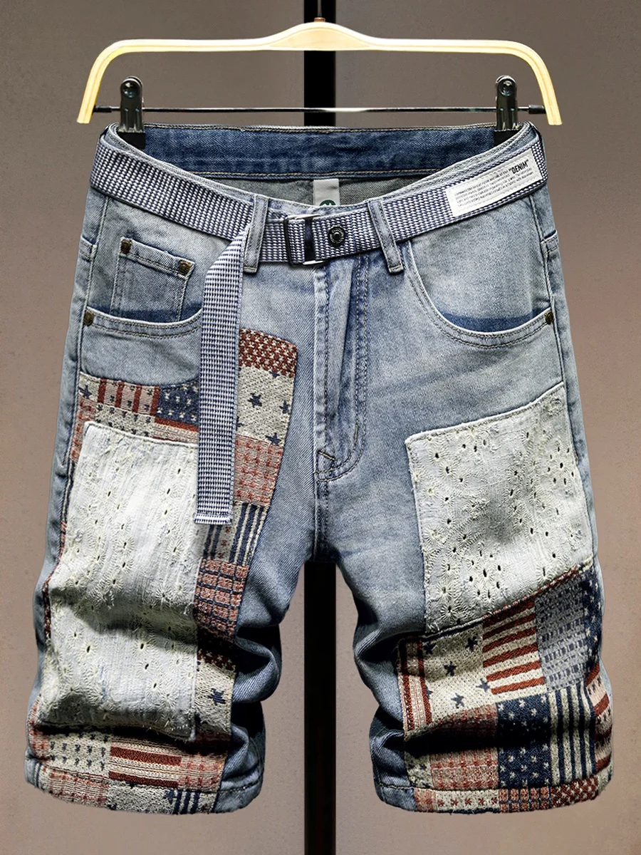 

Color Block Denim Shorts Men's Summer Fashion Slim Fit Five-Quarter Length Patchwork Elastic Waist Straight Leg Jeans