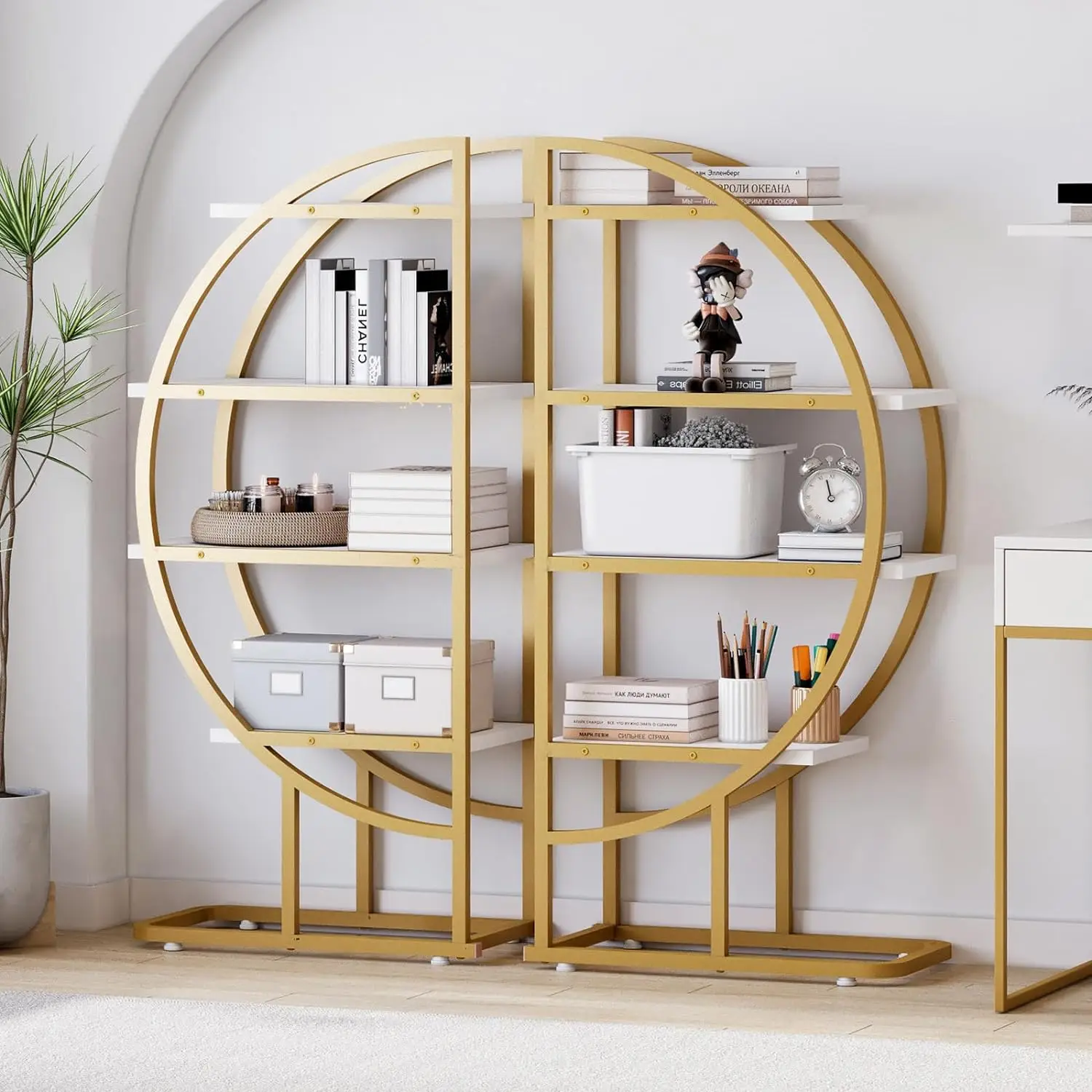 

4-Tier Bookshelf, Gold Bookcase with Steel Frame, Modern Display Shelves, Half Moon Storage Shelves for Living Room, Bedroom