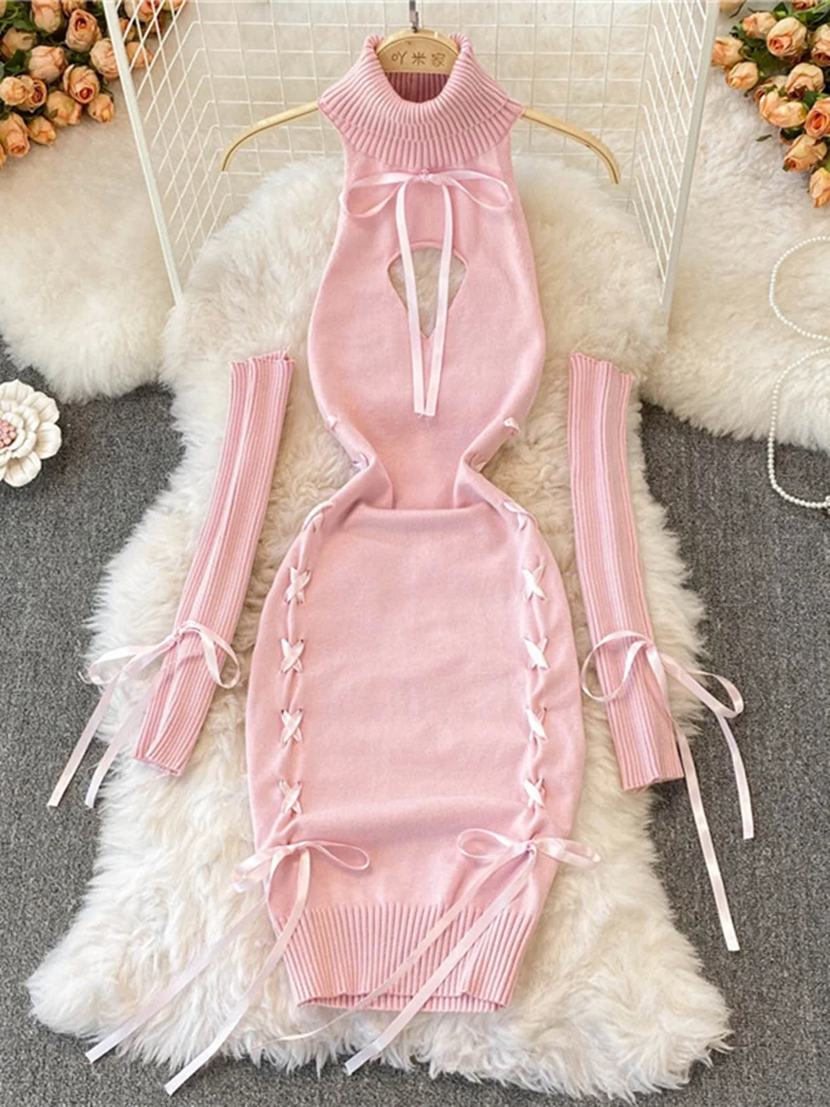 Women Sexy Sweater Dress Open Chest Backless Ribbon Strap Tops Turtleneck Long Sleeve Lacing Up Bodycon Knit Bandage Dress