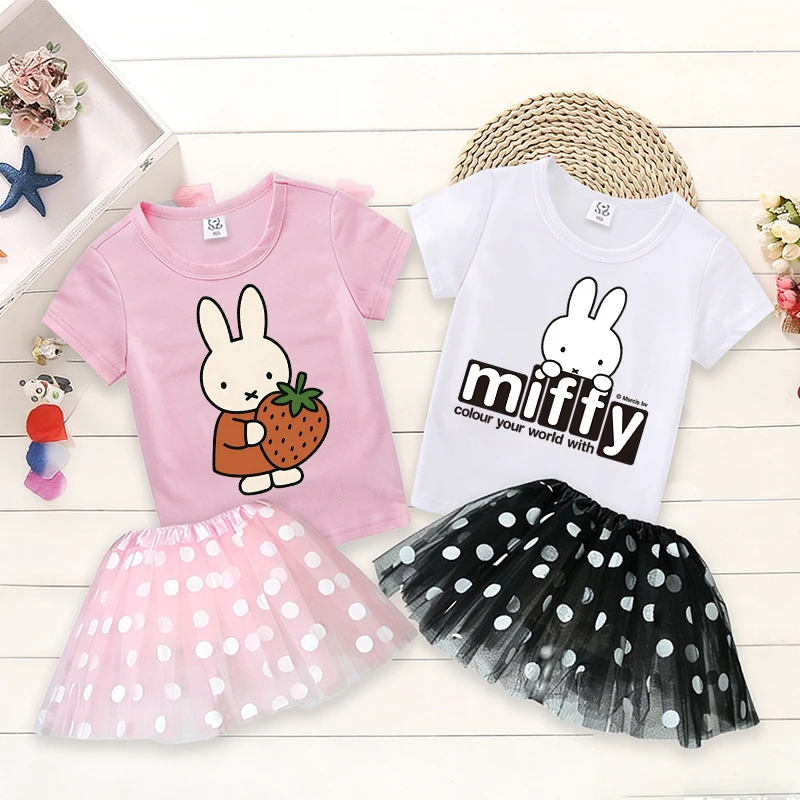 

Футболка и юбка для девочек Miffys, комплект из 2 предметов, милая юбка в горошек с короткими рукавами, модные детские футболки, детская одежда Kawaii, подарок
