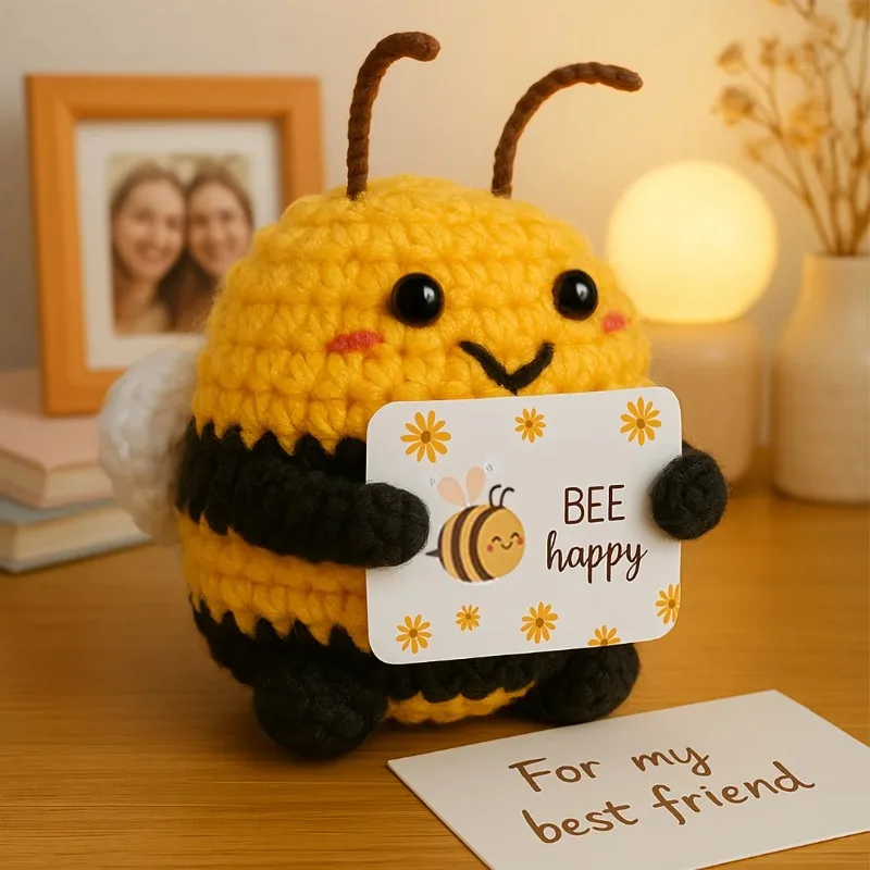 

Cute Crochet Bee Plush Toy with "BEE Happy" Card Handmade Knitted Stuffed Animal Gift for Friends & Family