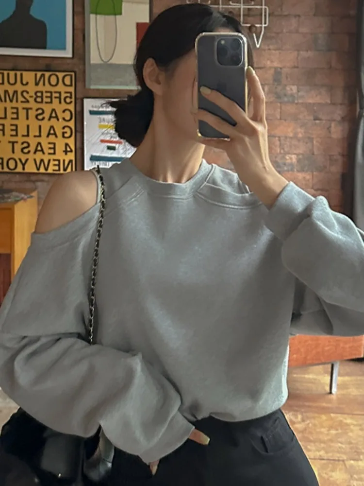 

Chic Autumnal Off-oulder Loose Fit Long Sve round Ne Color Hoodie Women's Casual Versatile Knitwear Top