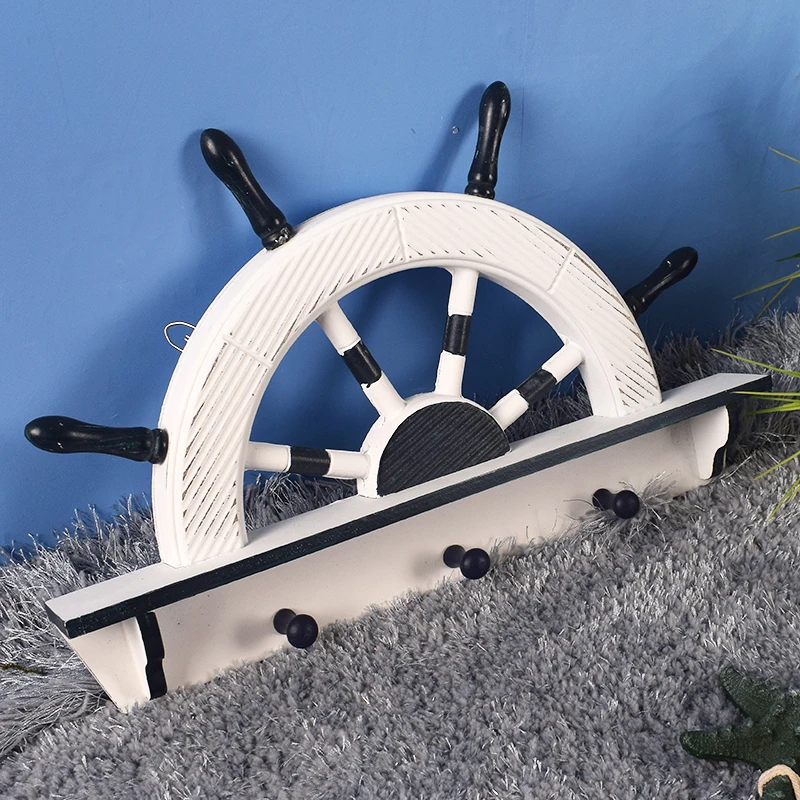 Nautical Steering Wheel Hook Rack Mediterranean Entryway Decor Unique Rustic Coat Hanger Shelf Children's Room Wall Decoration