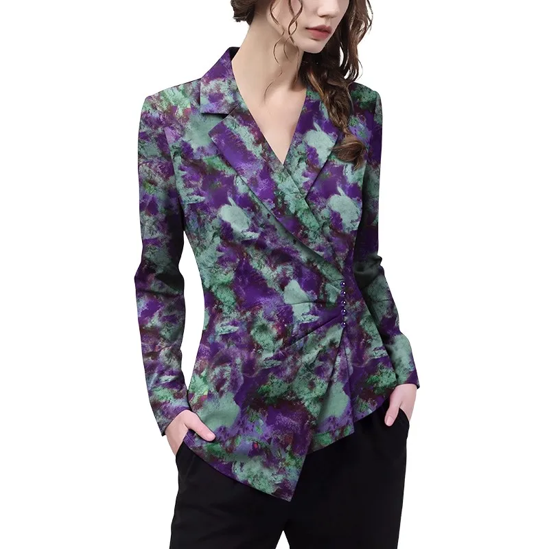 المرأة طويلة الأكمام التلبيب الياقة الأرجواني التعادل مصبوغ بلوزة الساتان نمط خمر غير المتكافئة زر أسفل قمصان الخريف بلايز