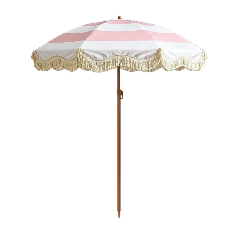 Portable Patio Umbrella Beach Parasol Boho Striped Fringe Modern Look Manual Tilt UV Resistant Canopy Sand Use Outdoor Shade