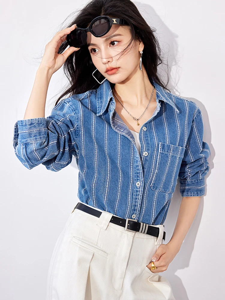 Women Vintage Stripe Denim Shirt Fashion Long Sleeve Single Breasted Blouse 2024 Autumn New Loose Casual Tops