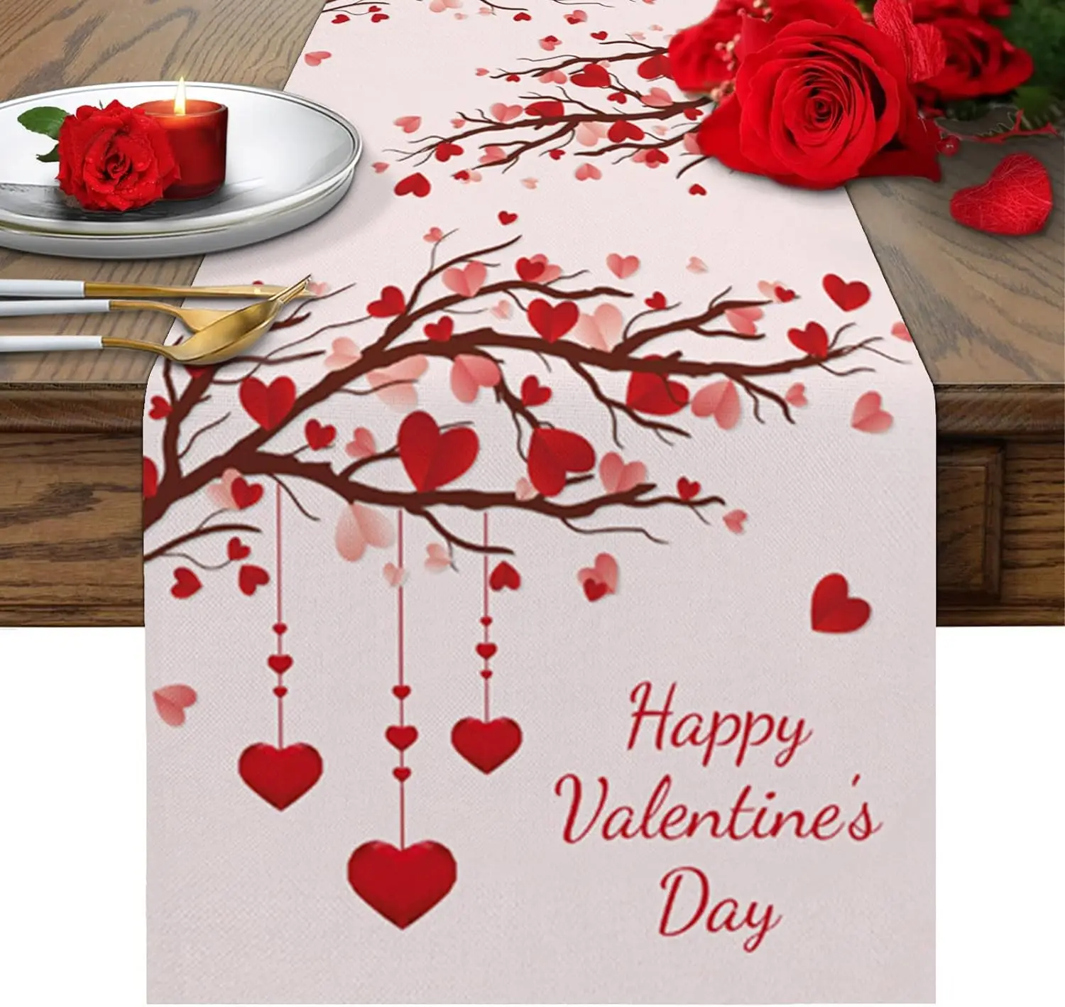 Valentine's Day Table Runner Love Heart Tree Branch Dinner Room Linen Table Runners Anniversary Wedding Banquet Decorations