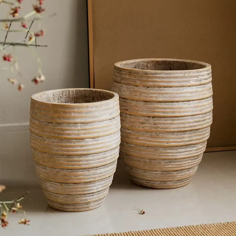 Vintage Handcrafted Plain Ceramic Cement Flower Pot Home Decor Ornament Breathable Plant