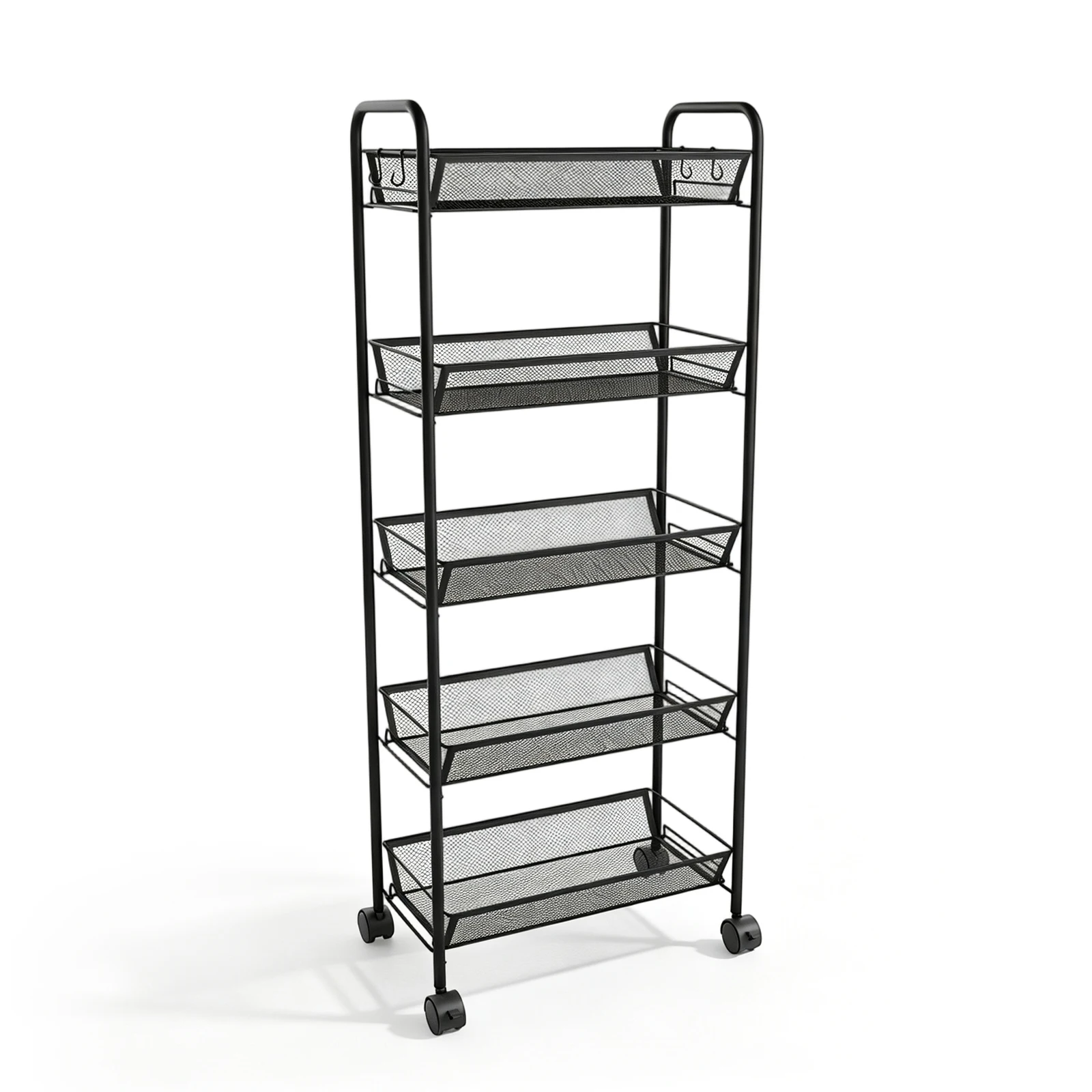 Carrello portaoggetti mobile a 5 ripiani con struttura in rete metallica, dotato di ganci e ruote, ideale per organizzare il bagno, la cucina o l’ufficio. Scaffale mobile con ripiani, altezza 105 cm,