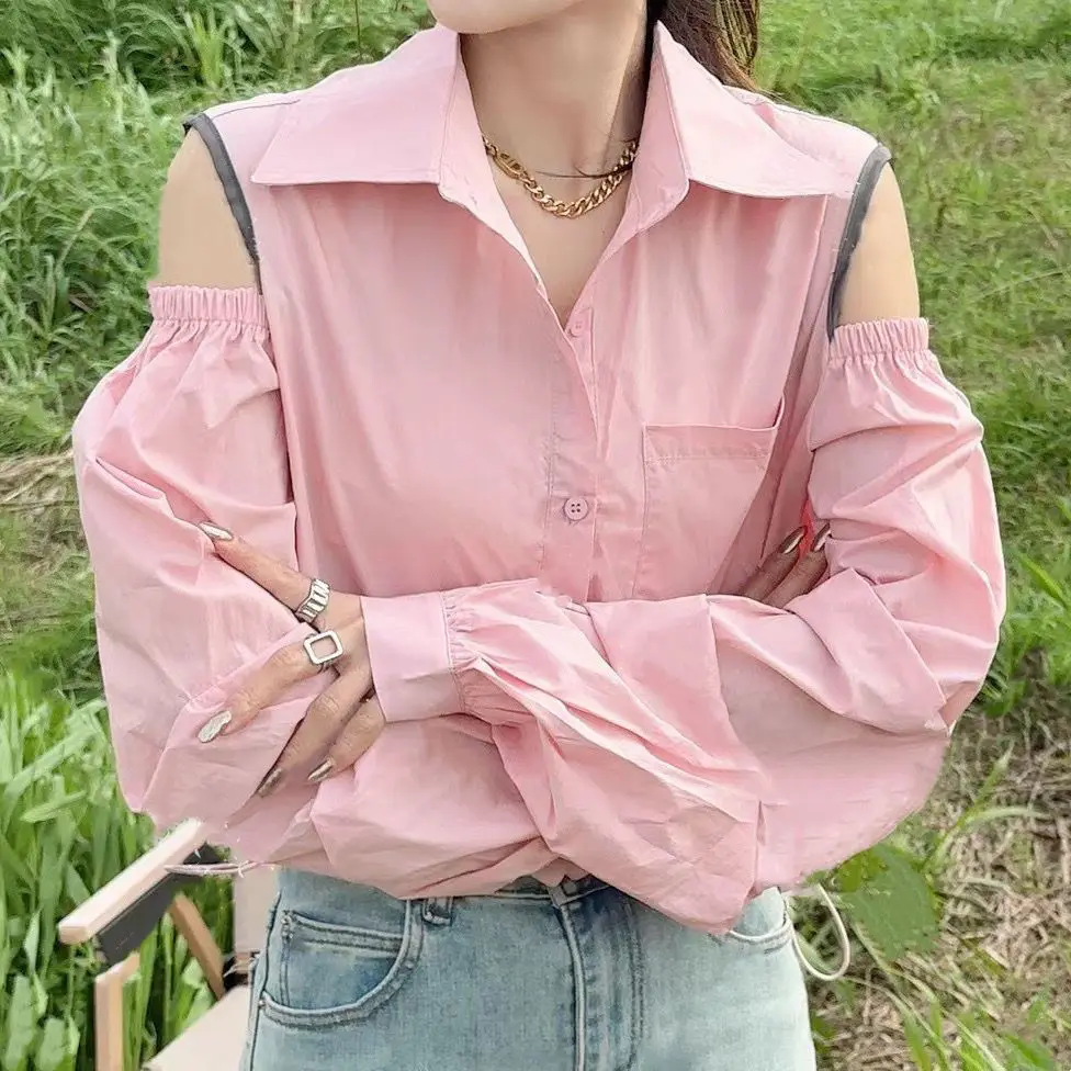 Moda coreana casual fuera del hombro camisa de manga larga con cuello polo de un solo pecho primavera nuevo diseño de estilo extranjero tendencia superior