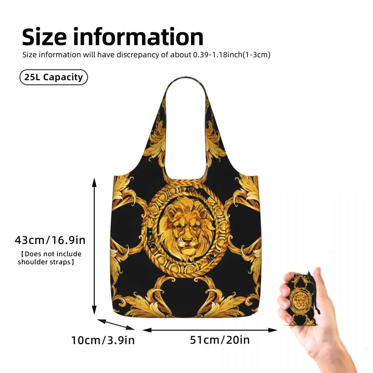 Golden Lion Baroque Pattern Shopping Tote Bag Canvas Large Capacity Shoulder Bags Shopper Grocery Handbag for Women