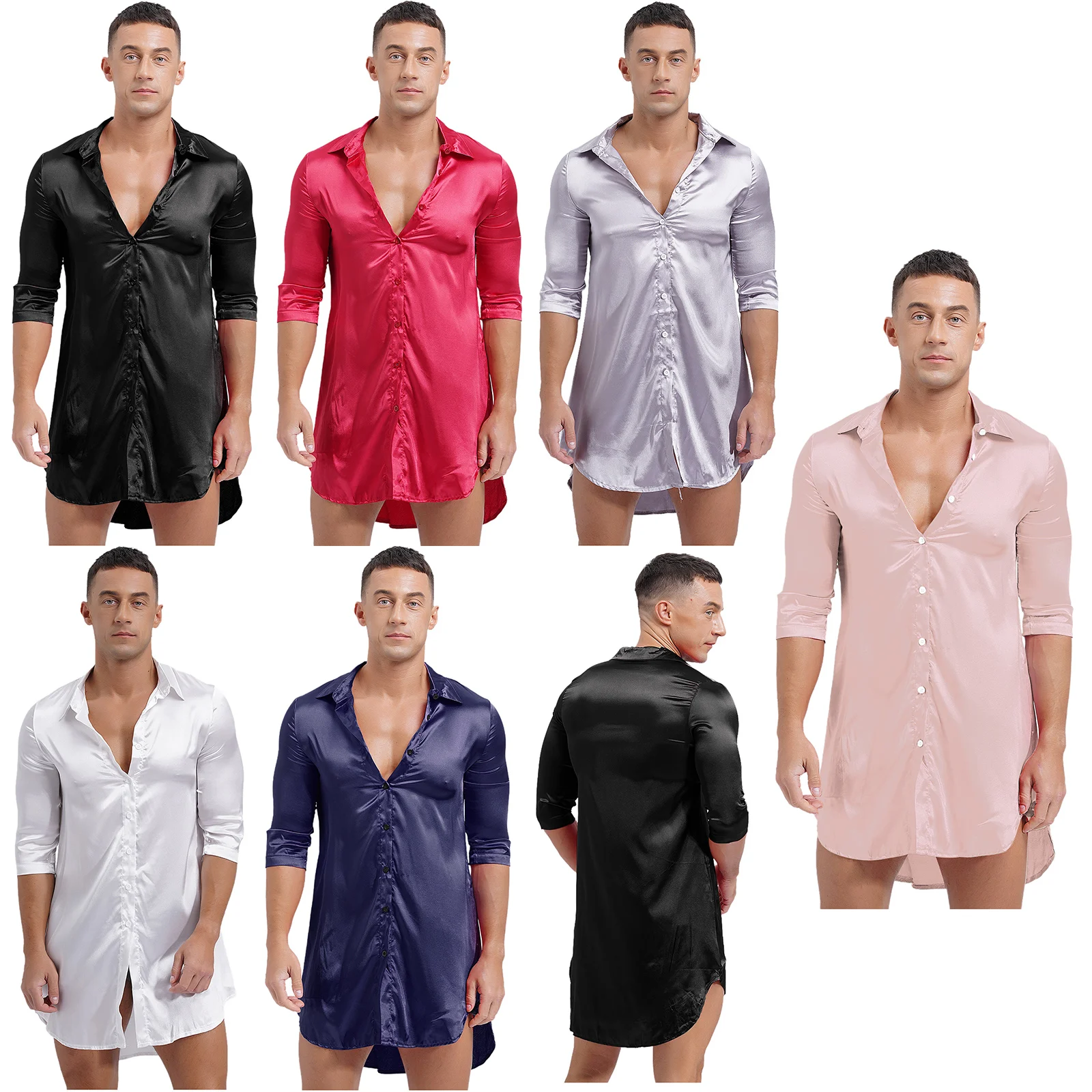 Chemise de nuit en satin pour hommes et femmes, chemise de nuit à col en V, vêtements de nuit à demi-manches, vêtements de nuit brillants, robe de nuit, vêtements d'intérieur