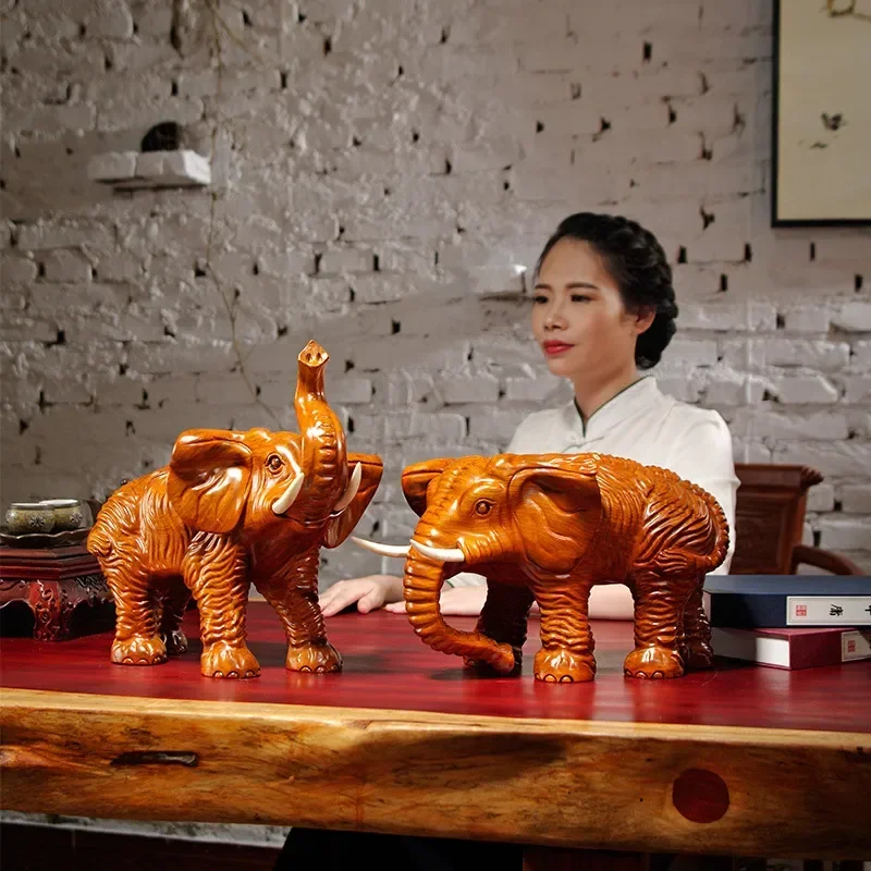 Solid Pear Wood Carved Elephant Ornament, Pair Auspicious Elephant Statue, Living Room Porch TV Cabinet Decor