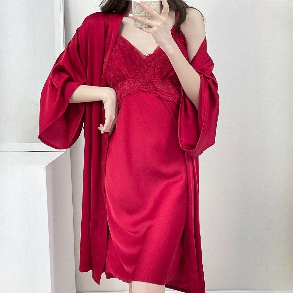 

Twinset Women Robe Set Lace Bathrobe Gown Suit Female Silky Satin Kimono Sleepwear Nightgown Home Dress Summer Loungewear