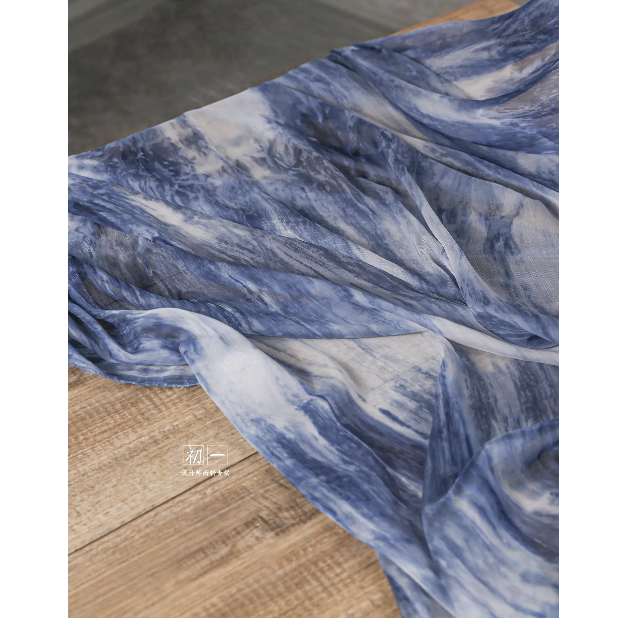 Blue Sea Gradient Yarn Thin Gauze Texture Wedding Dress Chiffon National Style Dress Clothing Designer Fabric