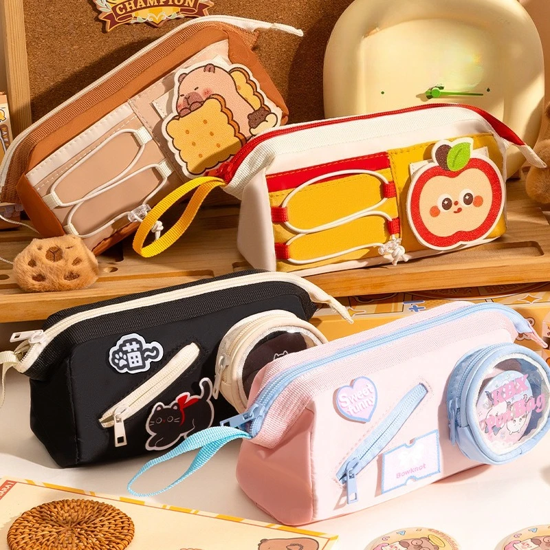 Student Pencil Case Capybara Cat Dog Pencil Bag Double Layer Multi-functional Printed Student Pen Bag Stationary Storage Pouch