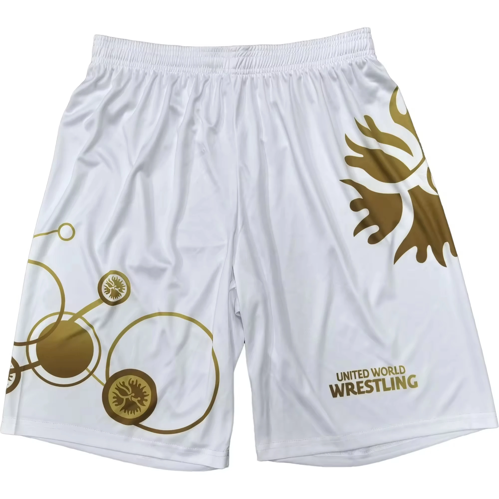 Kinder Schnelltrocknende Atmungsaktive Wrestling-Shorts Weiß-Gold-Druck für Athletiktraining Boxen MMA United World Wrestling – Detail 7