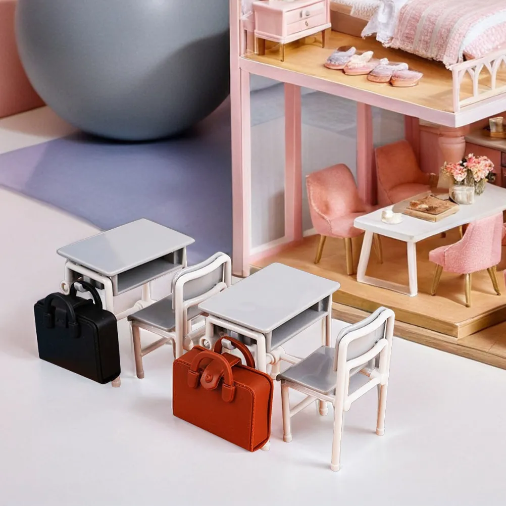 

2Set Miniature Desk Chair Set Aesthetic School Decor Tiny Office Table Backpack for Dollhouse Miniature Accessories Photography