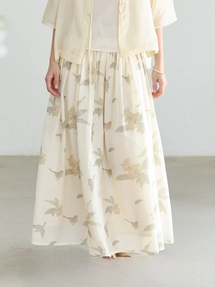 

Loose Fit Silk Cotton Blend Printed Original Song Dynas Painting Flower Bird 4MM A-Line f Skirt Casual Chinese Sle Wo...