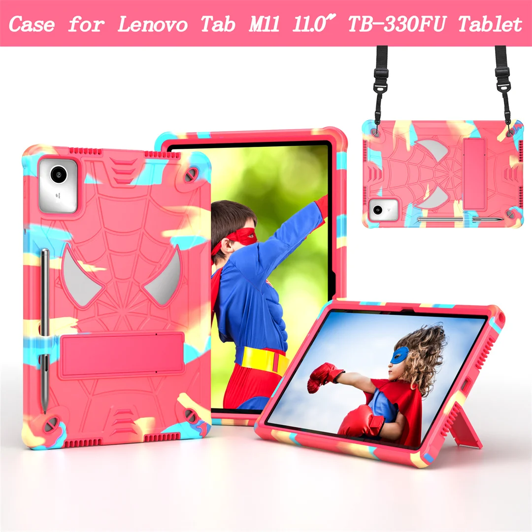 

Case 2025 New for Lenovo Tab M11 11.0 TB-330FU Web Pattern Design 3 Layer Shockproof Cover with Kickstand Lanyard Pen Slot
