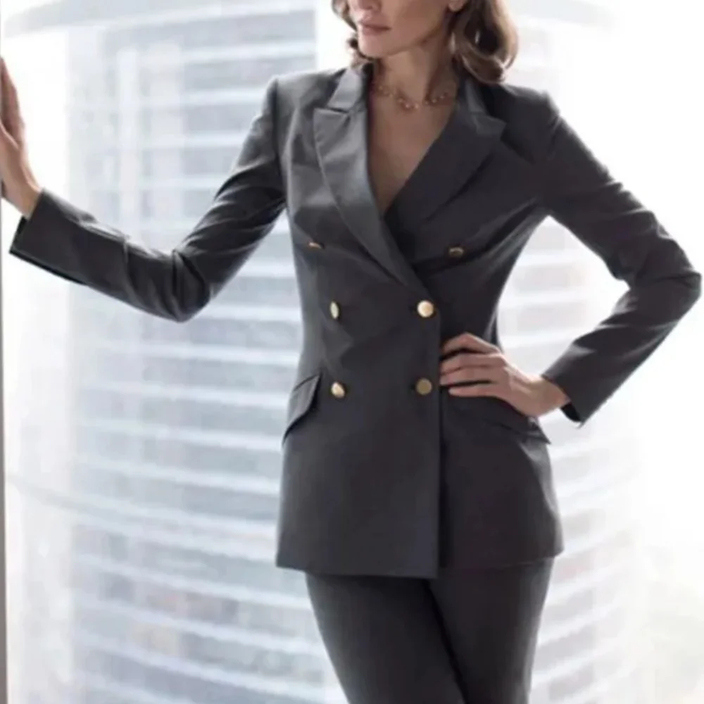 

Dark Gray Women Suits Customized Slim Fitted Double-breasted Two Pieces(Jacket+Trousers) Ladies Formal Party Wedding Set
