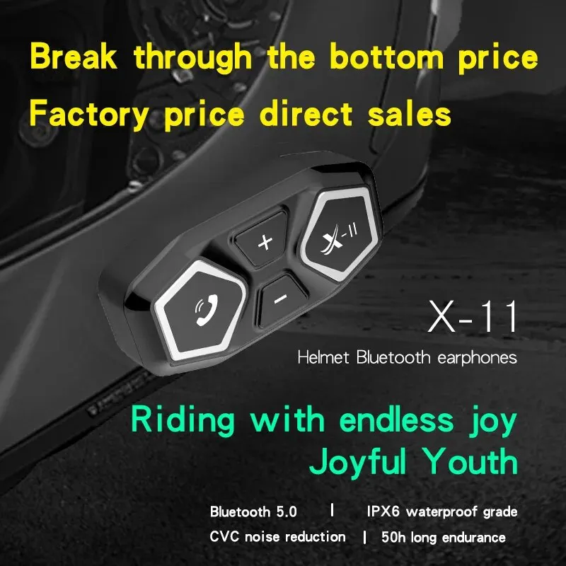 X11 Motorcycle Helmet Bluetooth Headset Type-C Interface IPX6 Waterproof Music Player Headphone 50 Hour Battery Life Earphone