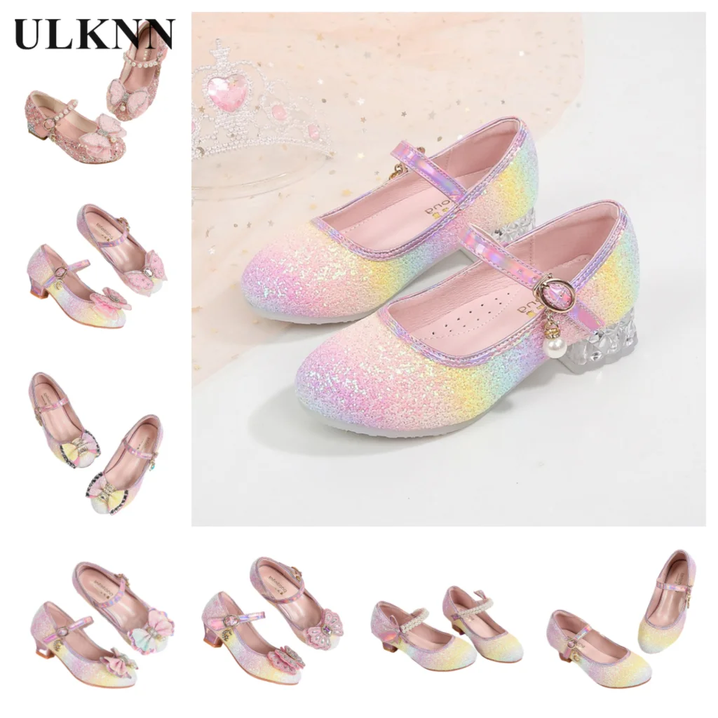 

Girls' Pink Shoeschildren's Performance Spring And Autumn Bow Fashion Sweet Cute Anti Slip Rainbow Shoes Children's High Heels