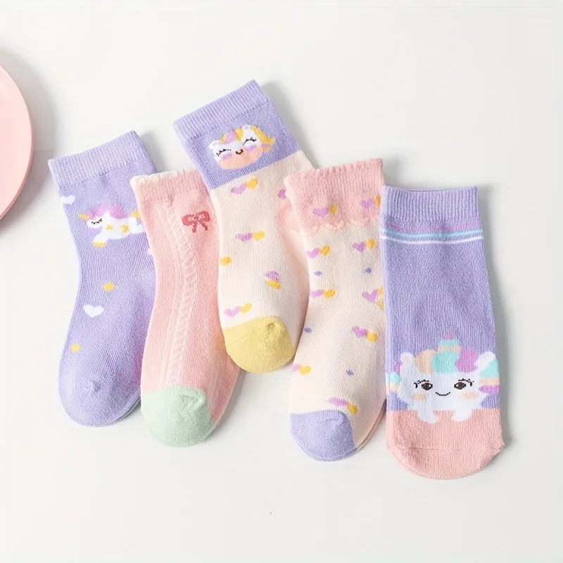 5/10 Pares de Meias Infantis com Estampa de Unicórnio Fofo para Meninas, Meias de Cano Médio com Laço para Crianças, Meias de Algodão Macio para Primavera e Outono
